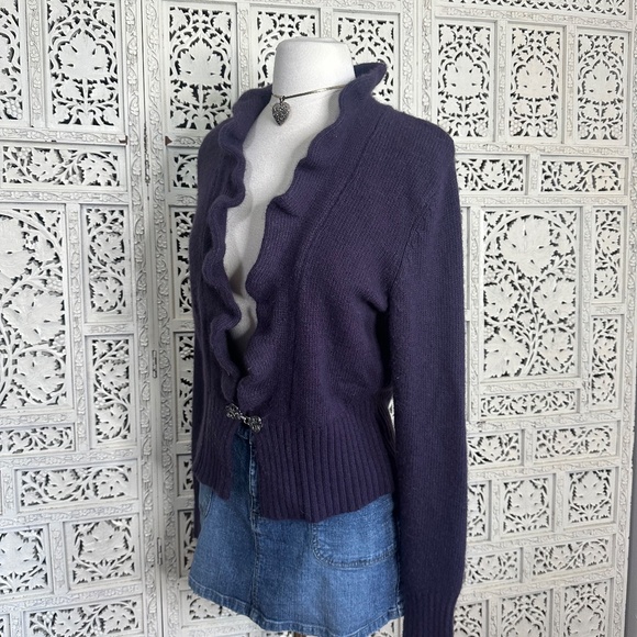 Valerie Bertinelli Wool Angora Purple Eggplant Ruffle Y2K Soft Cardigan Sz M - Picture 5 of 8